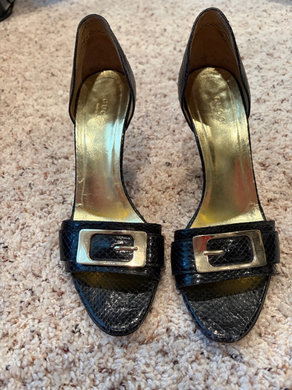 Gucci Black Leather Open-Toe Heels with Silver Buckle Detail